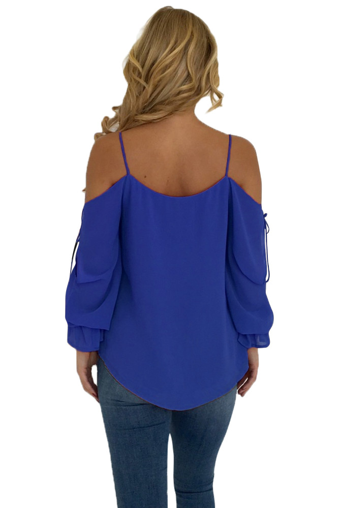 Royal Blue Spaghetti Strap Cold Shoulder Long Sleeve Top