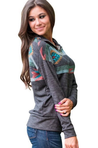 Aztec Print Atop Charcoal Pullover Sweatshirt