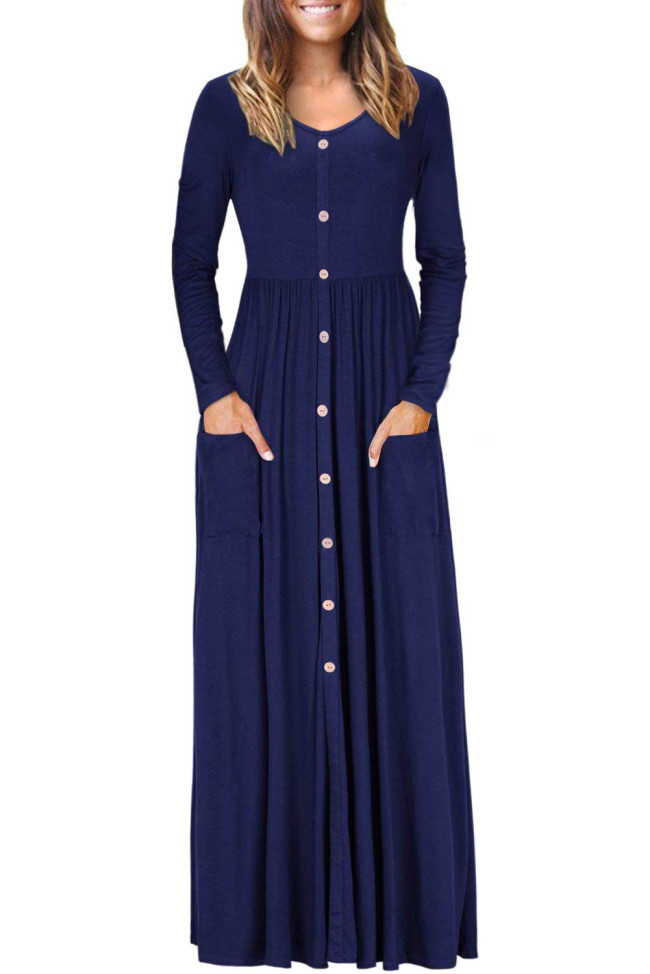 Navy Blue Button Front Pocket Style Casual Long Dress