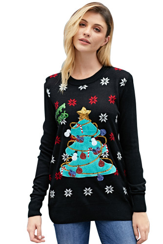 Happy Xmas Black Christmas Tree Knit Sweater