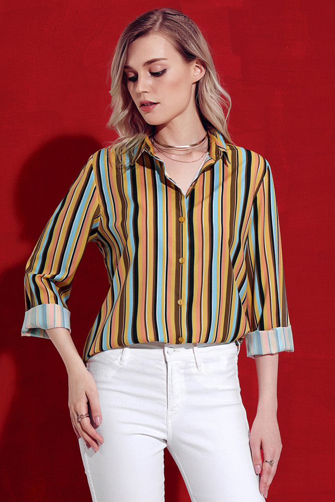 Yellow Multicolor Striped Long Sleeve Button Down Shirt