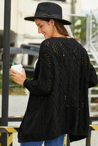 Black Hollow Out Open Front Cardigan with Pockets