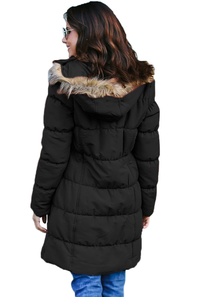 Black Fur Trim Hooded Long Quilted Coat