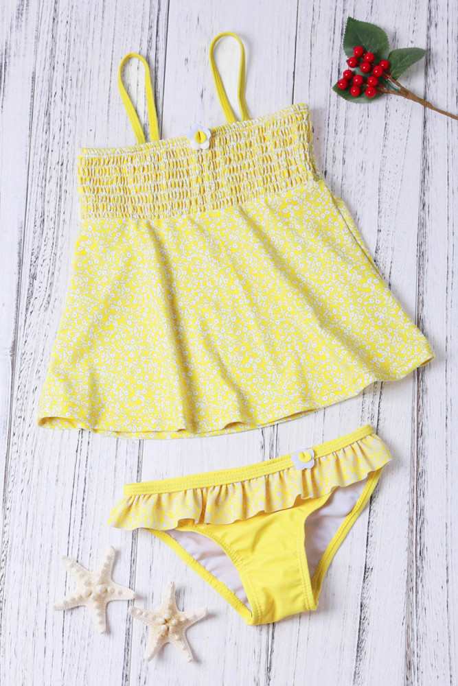 Bright Yellow Printed Kid Girls Tankini Swimwear