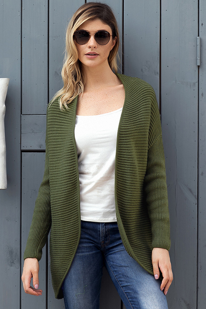 Army Green Ribbed Knit Lace Up Back Sweater Cardigan