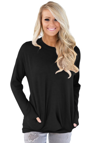 Solid Black Casual Pocket Style Womens Sweatshirt