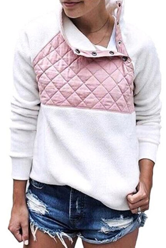 Pink White Fleece Asymmetrical Snap Pullover