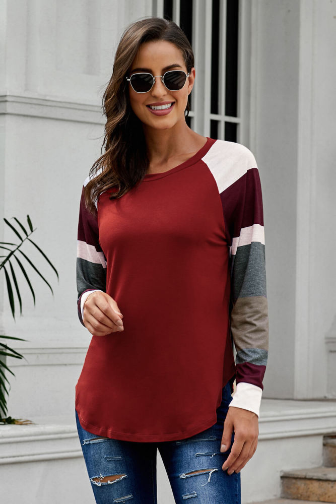 Color Block Long Sleeves Burgundy Pullover Top