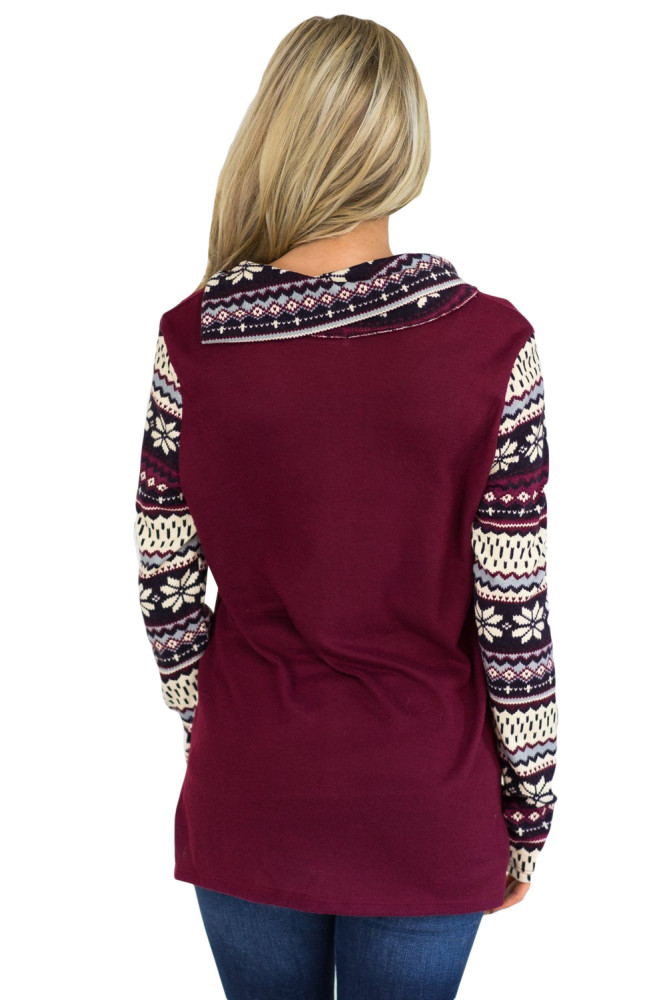 Christmas Snowflake Spliced Burgundy Sweatshirt