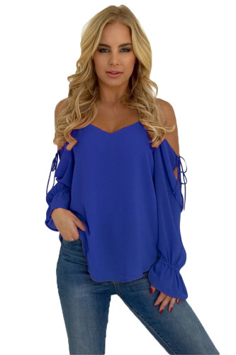 Royal Blue Spaghetti Strap Cold Shoulder Long Sleeve Top
