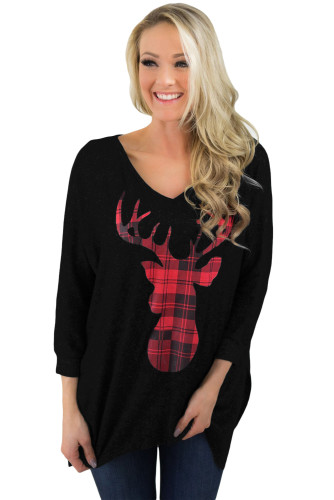 Christmas Deer Plaid Black Quarter Sleeve Tunic