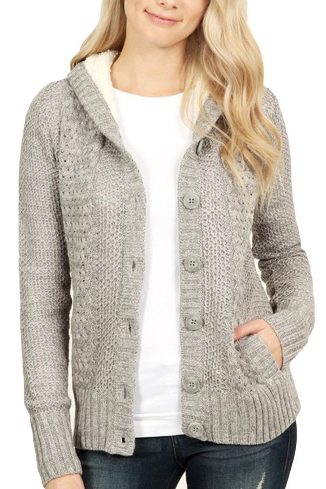 Fleece Hooded Gray Button Down Cardigan Sweater