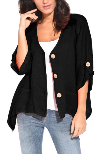Black Roll Tab Sleeve Button Front Casual Shirt