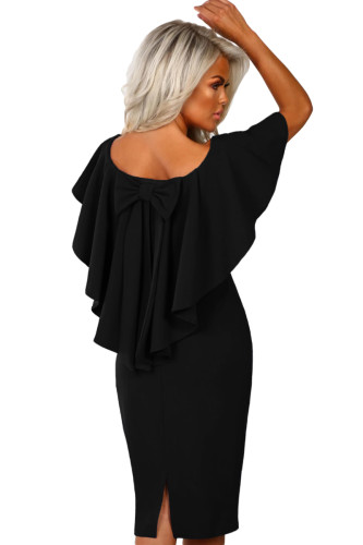 Black Bow Poncho Overlay Bardot Midi Dress