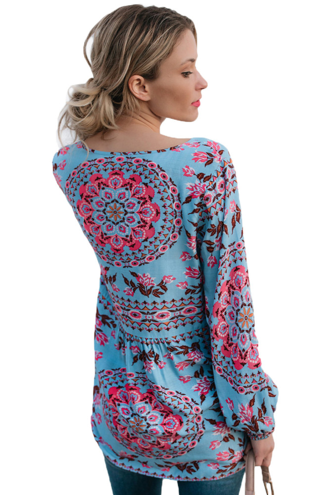 Blue Bohemian Print Tassel Tie V Neck Blouse