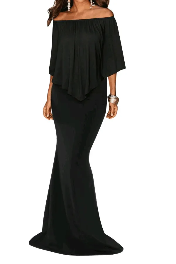 Black Off Shoulder Overlay Ruffle Evening Dress