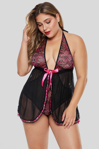 Black Sheer Flyaway Bowknot Lace Trim Babydoll