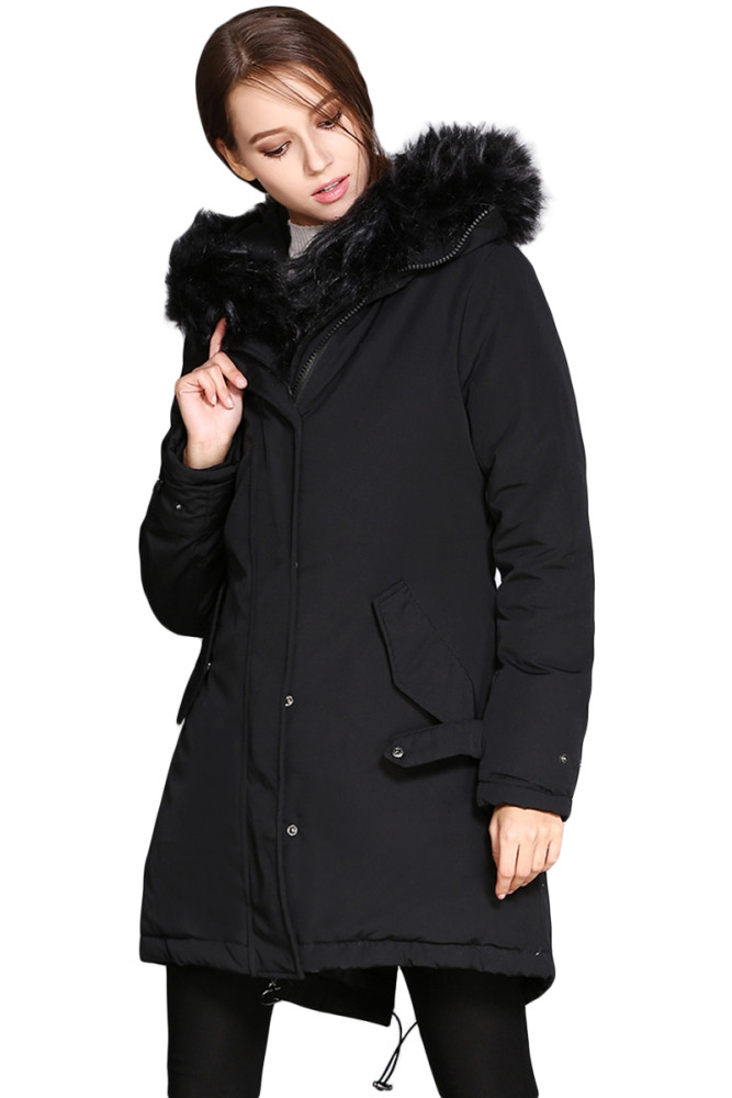 Fur Trim Hooded Black Parka Storm Coat