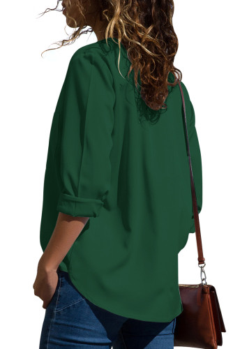 Green Pockets V-Neck Long Sleeve Blouse