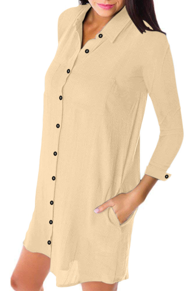 Apricot Long Sleeve Button Down Crepe Shirt Dress