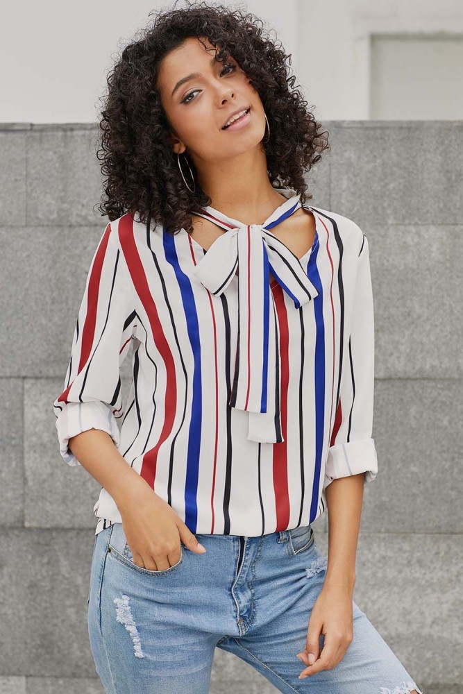 Royal Blue Multiple Striped Pussycat Bow Top