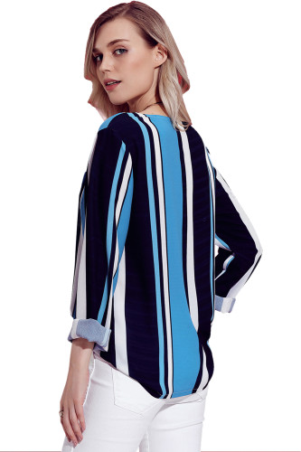 Navy Blue White Striped Asymmetric Button Down Shirt