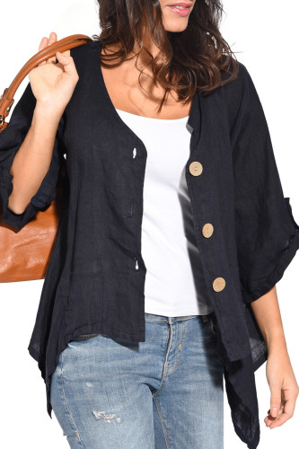 Dark Blue Roll Tab Sleeve Button Front Casual Shirt