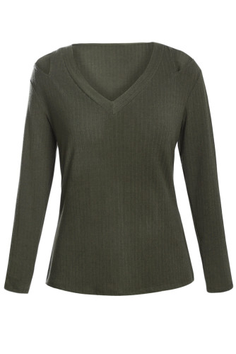 Olive Ribbed V Neck Cold Shoulder Top
