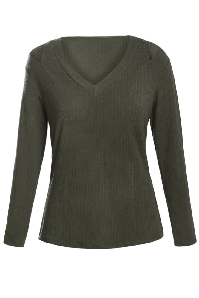 Olive Ribbed V Neck Cold Shoulder Top