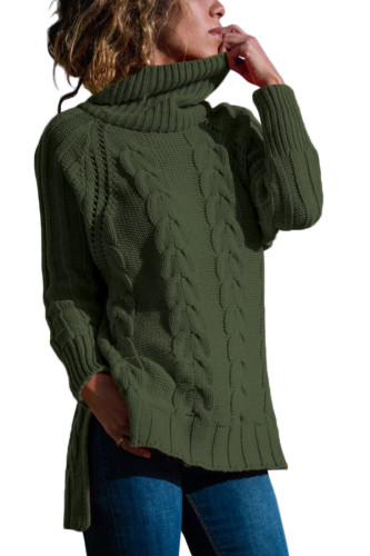 Green Turtle Neck Long Tail Cable Sweater