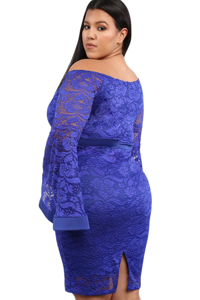 Blue Plus Size Long Bell Sleeve Lace Dress