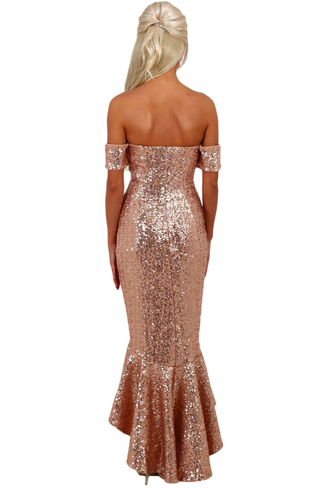 Champagne Off Shoulder Sequins Hi-lo Mermaid Party Dress