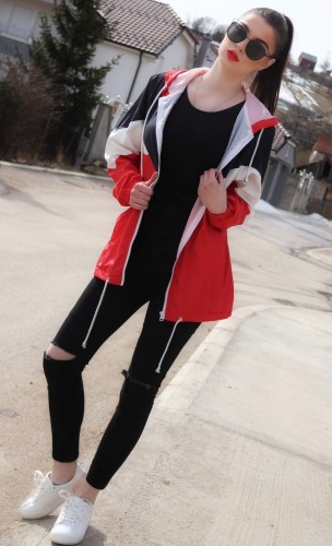 Red Hooded Triple Color Block Sporty Jacket