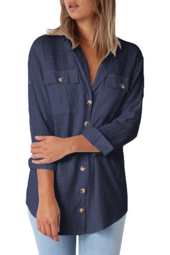 Navy Blue Buttoned Pockets Shawl Collar Linen Blouse