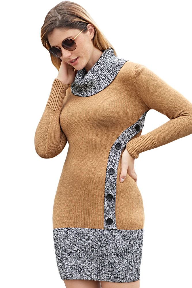 Khaki Gray Button Front Sweater Dress