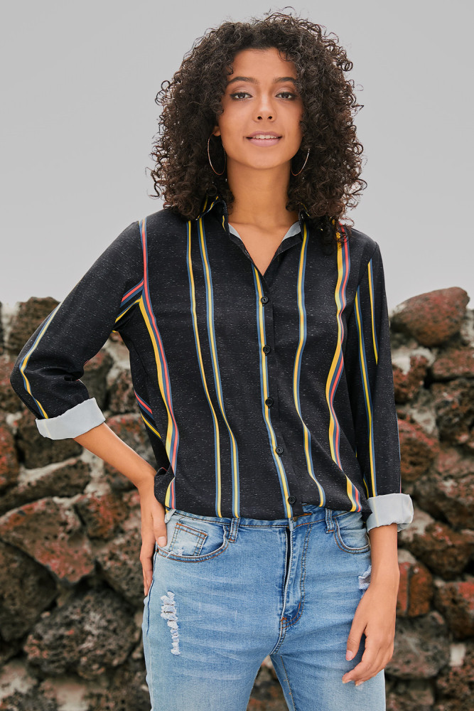 Yellow Charcoal Striped Modern Women Shirt