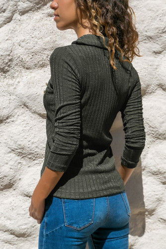 Charcoal Ribbed Knit Turn Down Collar Top