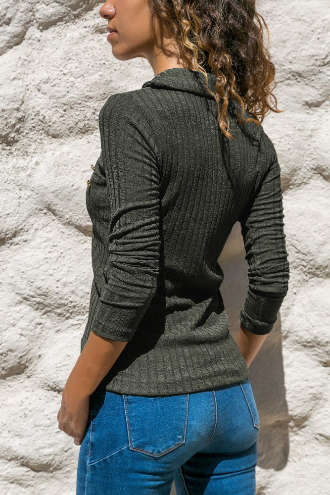 Charcoal Ribbed Knit Turn Down Collar Top