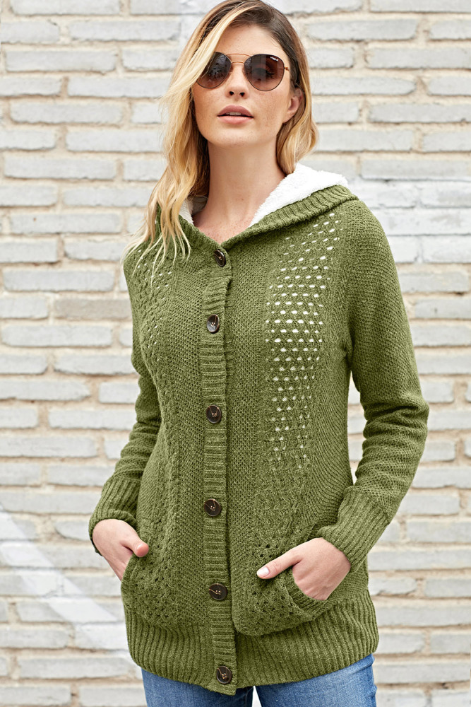 Fleece Hooded Olive Button Down Cardigan Sweater