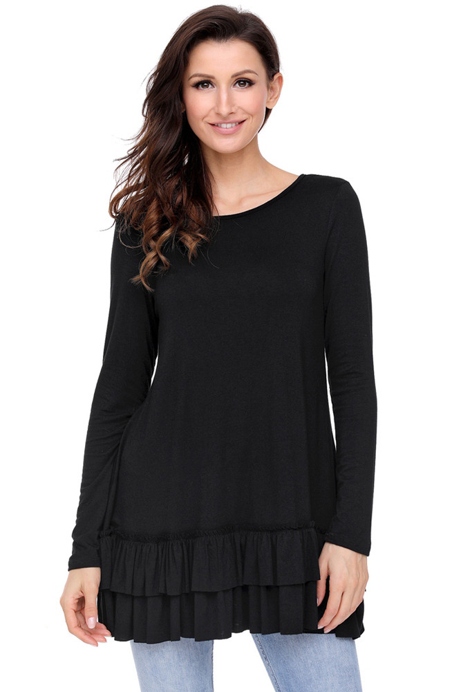 Black Double Ruffle Hem Long Sleeve Tunic Tops