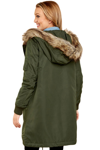 Army Green Fur Trim Hooded Longline Coat