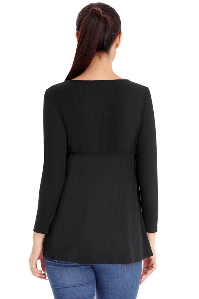 Black Pleated Long Sleeve V Neck Flared Top