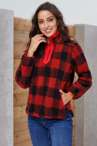 Red Plaid Zip Neck Furry Sweatshirt