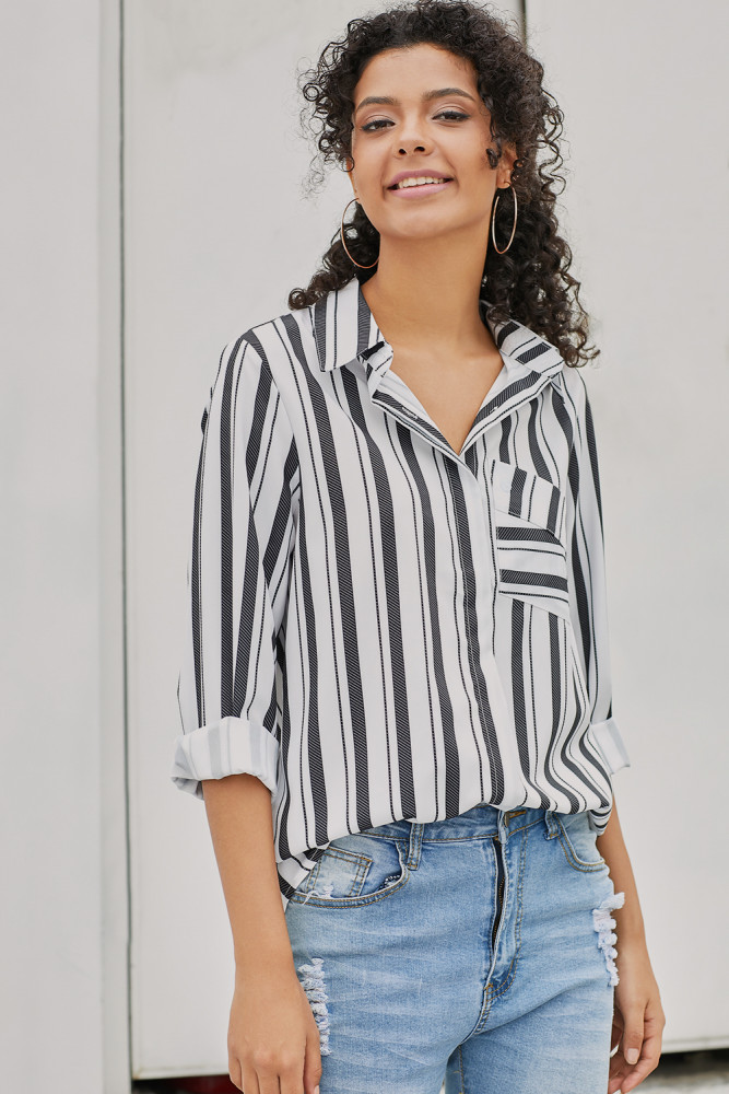 Black Striped Chest Pocket Button Down Shirt