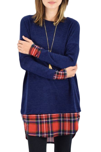 Plaid Splice Navy Long Sleeve Tunic Top
