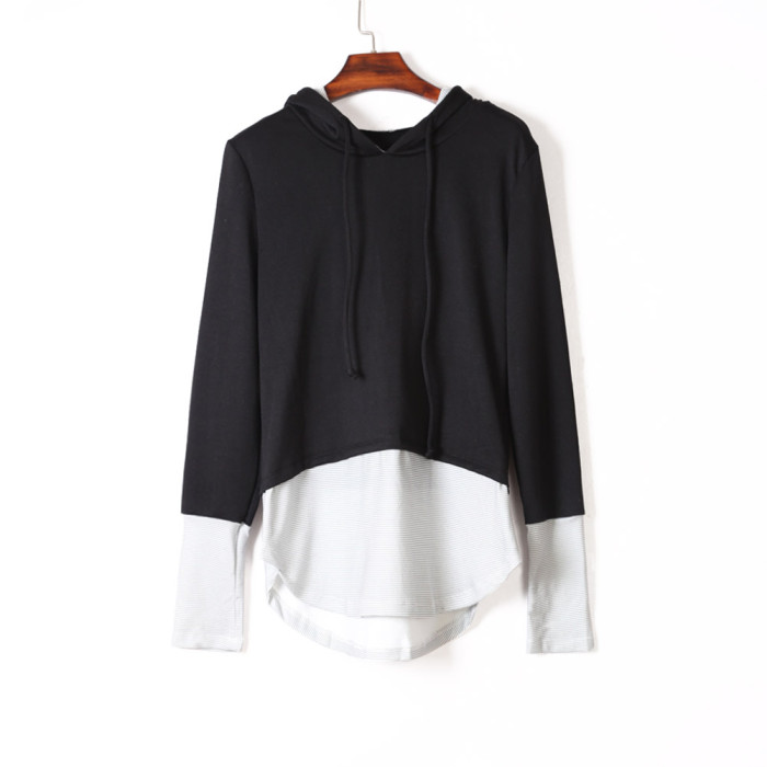 Pinstriped Patchwork Black Thumbhole Sleeved Hoodie