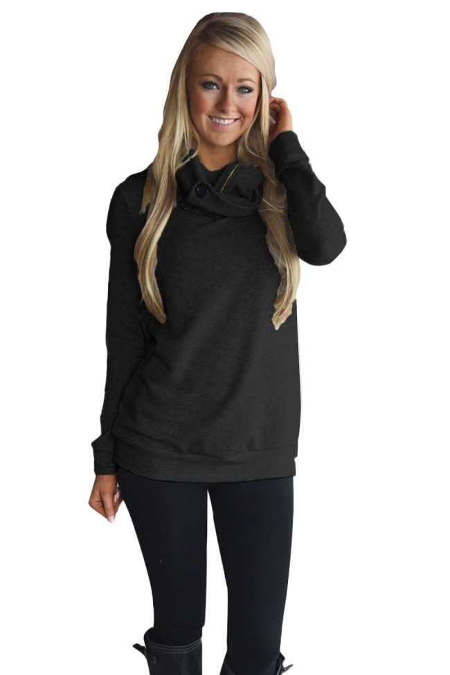 Black Button and Zipped Cowl Neck Sweatshirt
