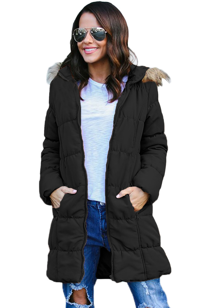 Black Fur Trim Hooded Long Quilted Coat