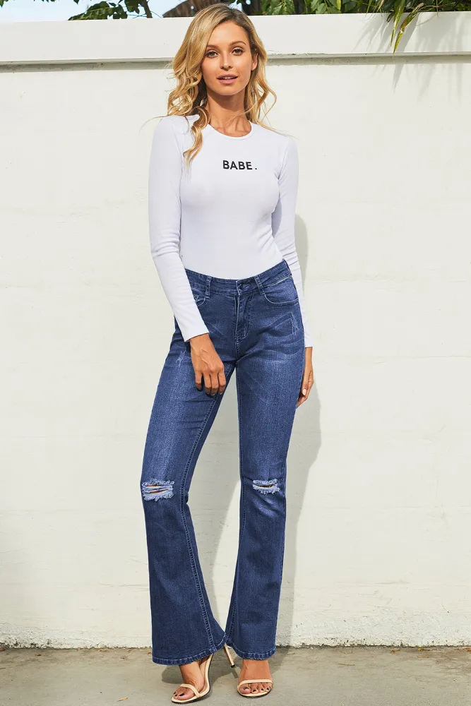 Ripped Knee Detail Blue Flared Jeans