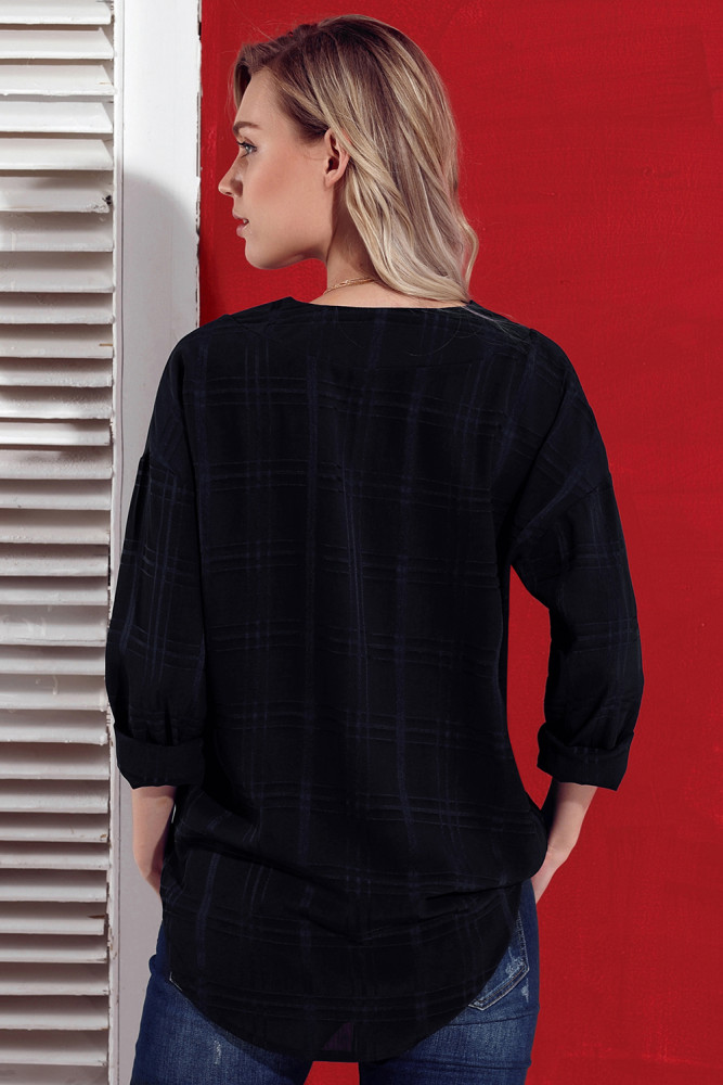 Blue Crepe Plaid Notched Neckline Blouse